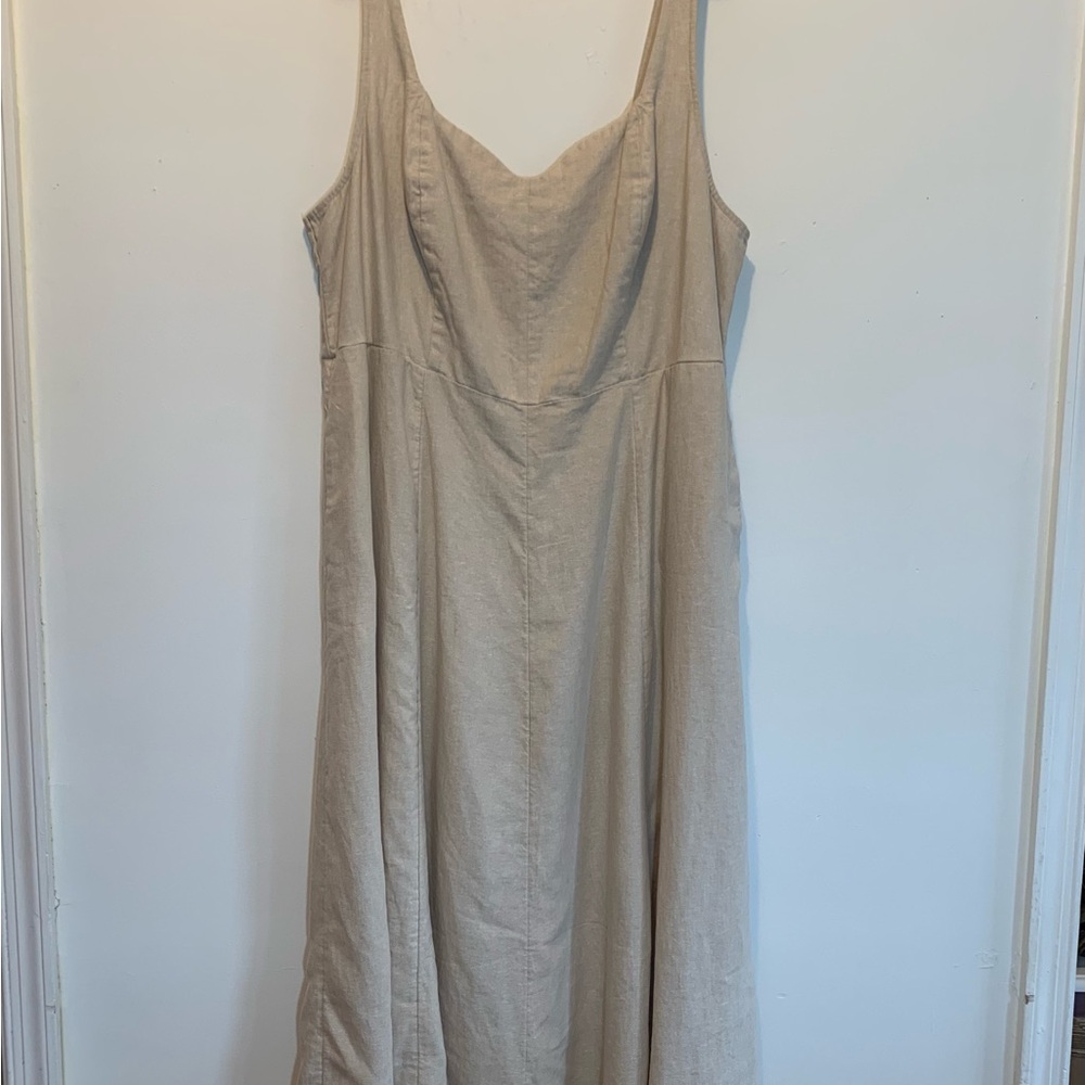 Old Navy Linen Blend Fit & Flare Midi Dress Tan - Picture 3 of 8